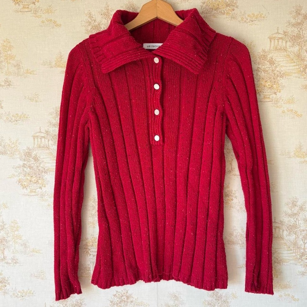 Vintage 90s y2k Liz Claiborne red ribbed collared pullover sweater L